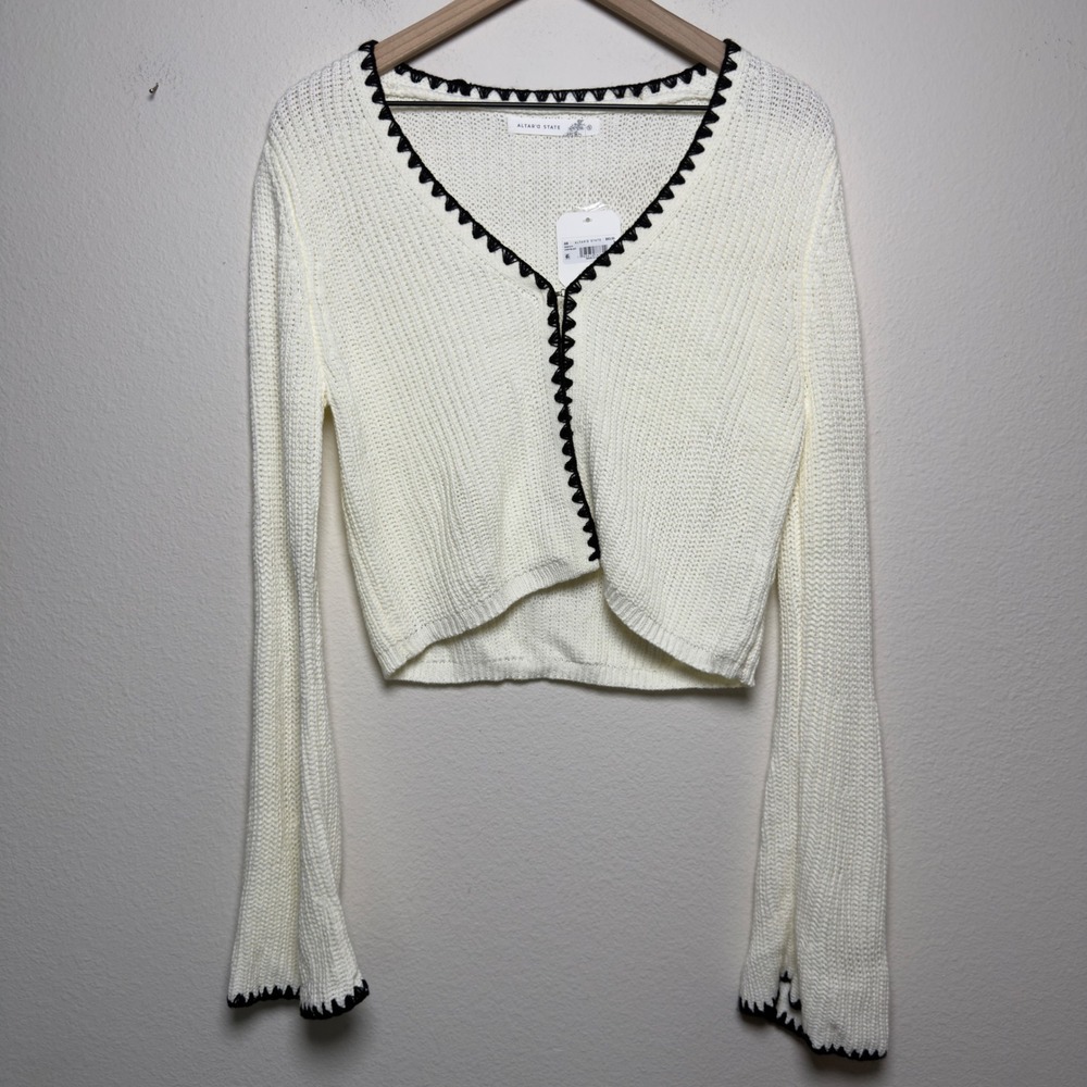 NEW Altar'd State Women Coquette Cardigan Small Ivory Black Crochet Bell Sleeve